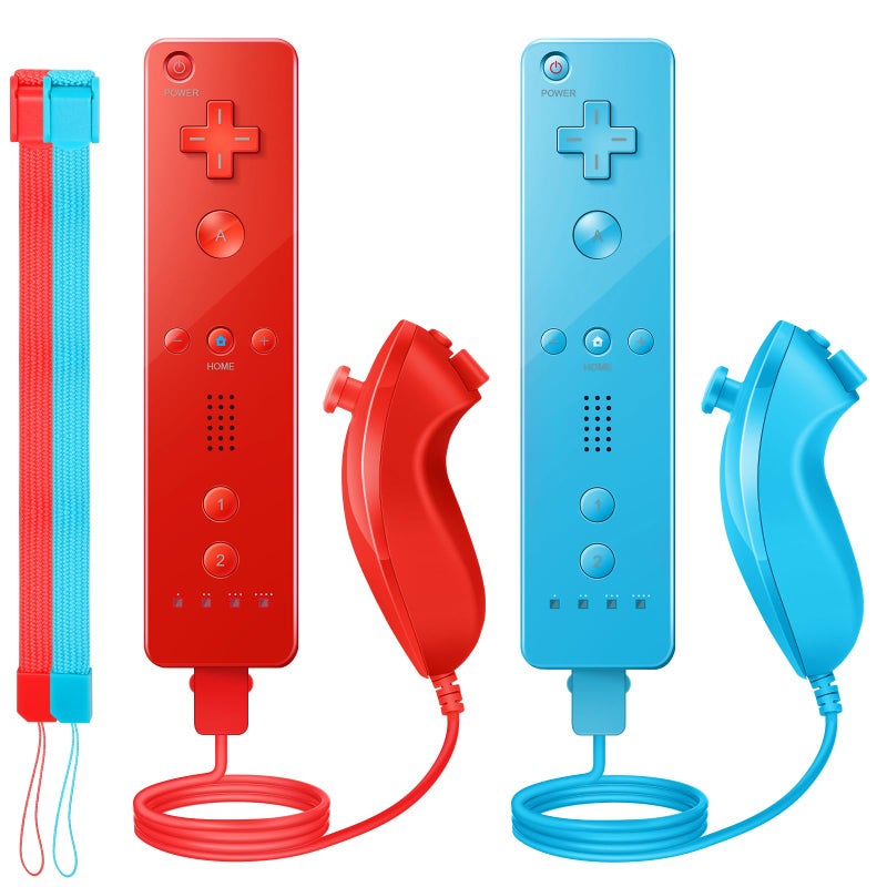 PGYFDAL Wii Controller 2 Pack, Wii Remote Controller and Nunchuck Joystick with Silicone Case and Wrist Strap for Holiday (Red and Blue) - Image 1
